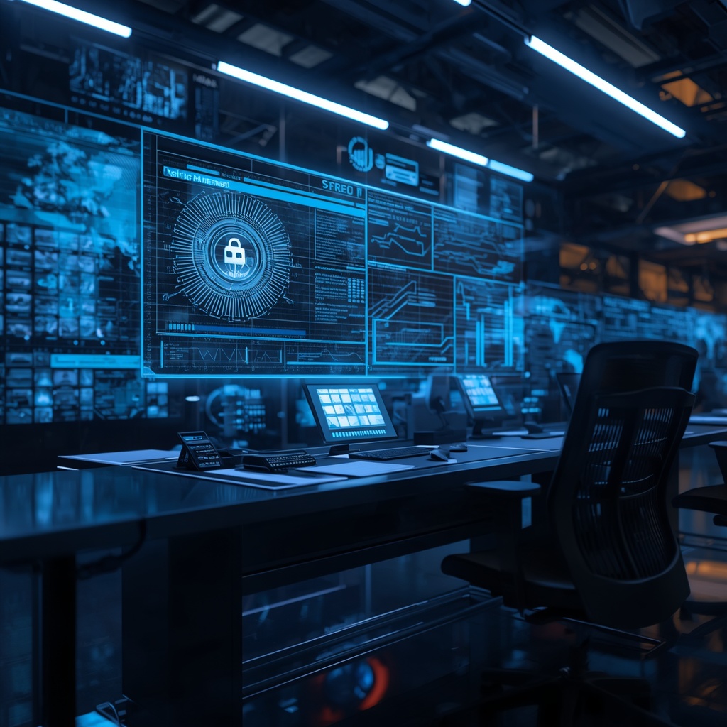 Futuristic technology workspace with holographic AI interfaces and data visualization displays
